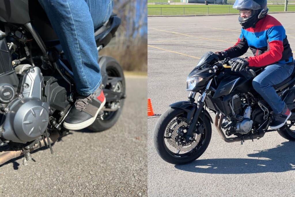 sideby side picture of close up of motorcycle shoes and jeans and rider with motorcyle jacket and helmet and full gear