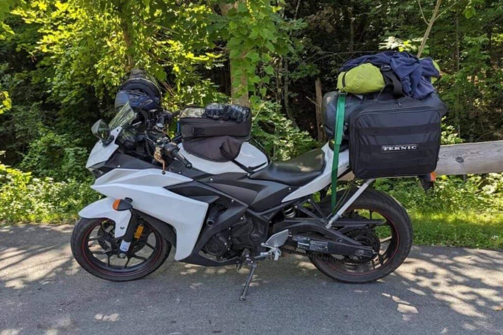 Picture of 250cc motorcycle loaded with gear for a long-distance trip